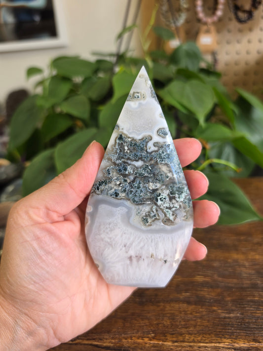 Moss Agate Crystal Flipper Carving (CROOKED)