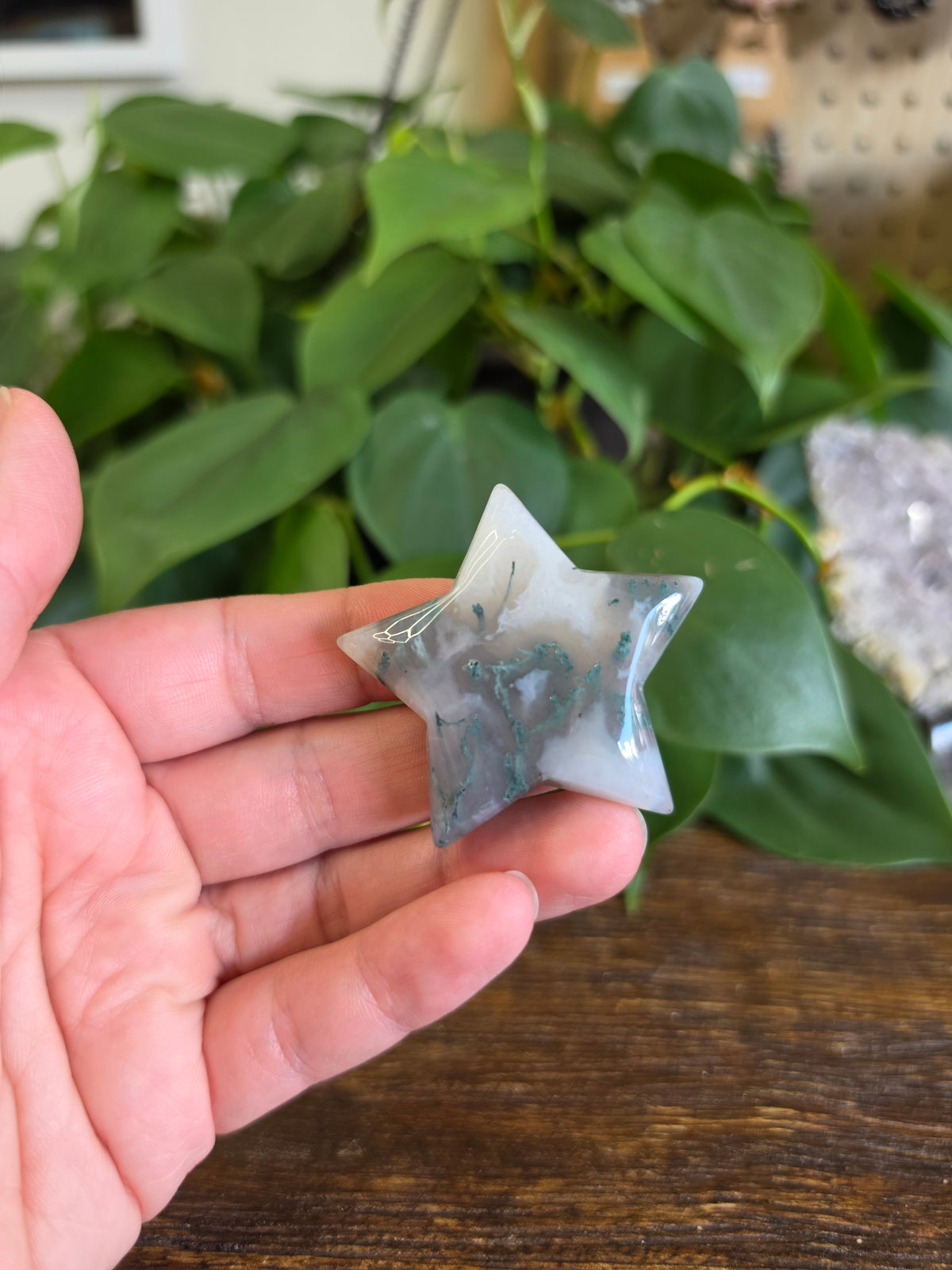 Moss Agate Crystal Star Carving