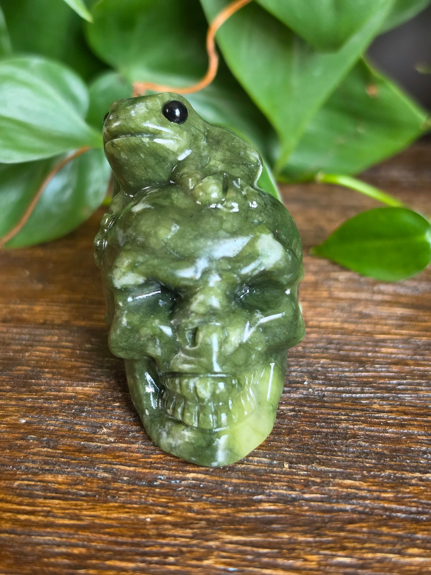 Serpentine Crystal Skull and Frog Carving
