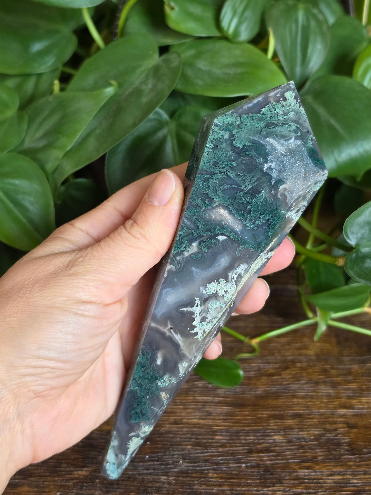 Moss Agate Crystal Druzy Wand Carving "B"