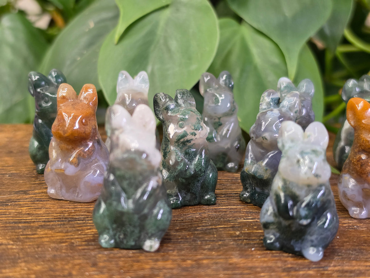 Moss Agate Crystal Bunny Carving