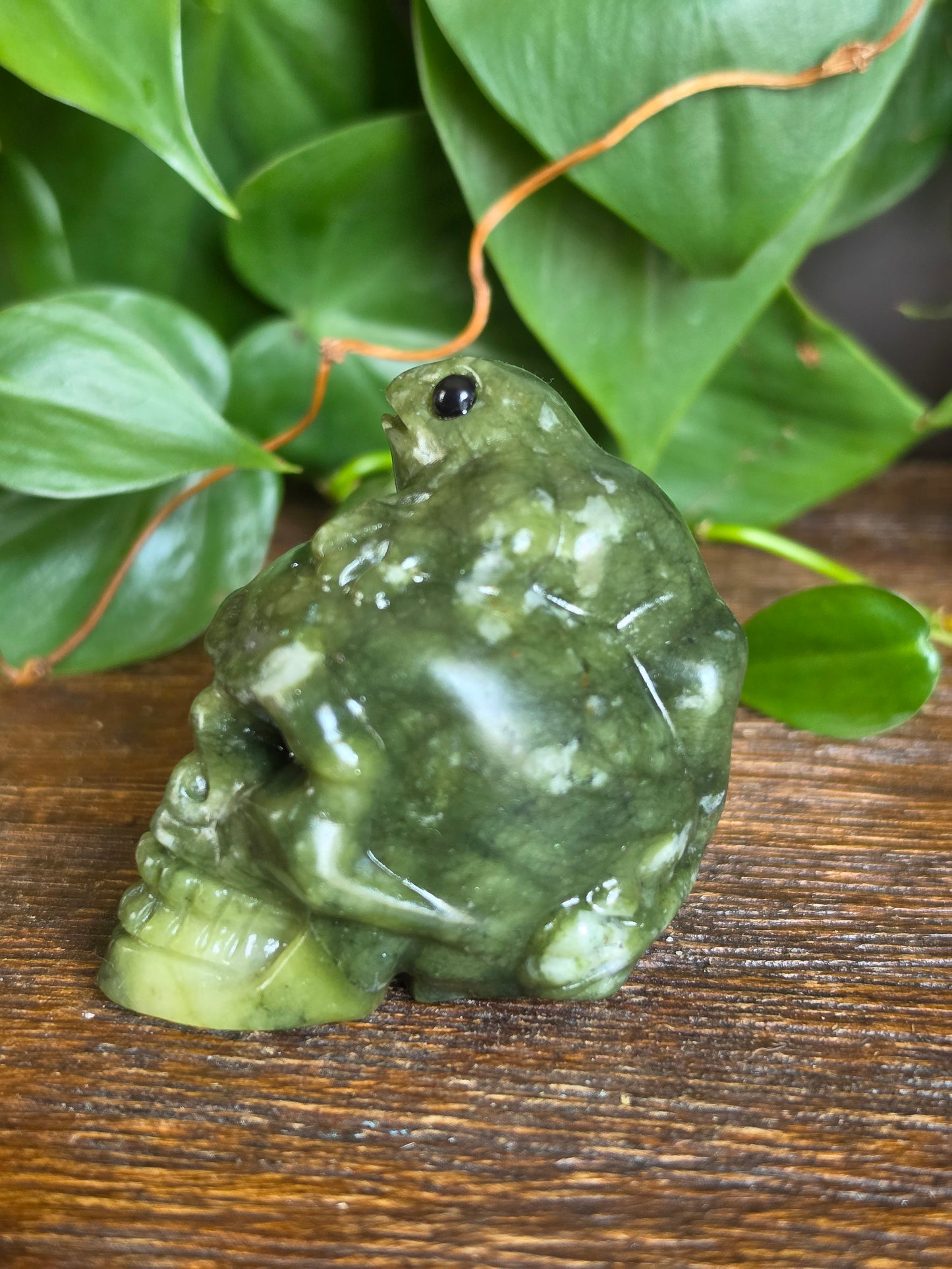 Serpentine Crystal Skull and Frog Carving