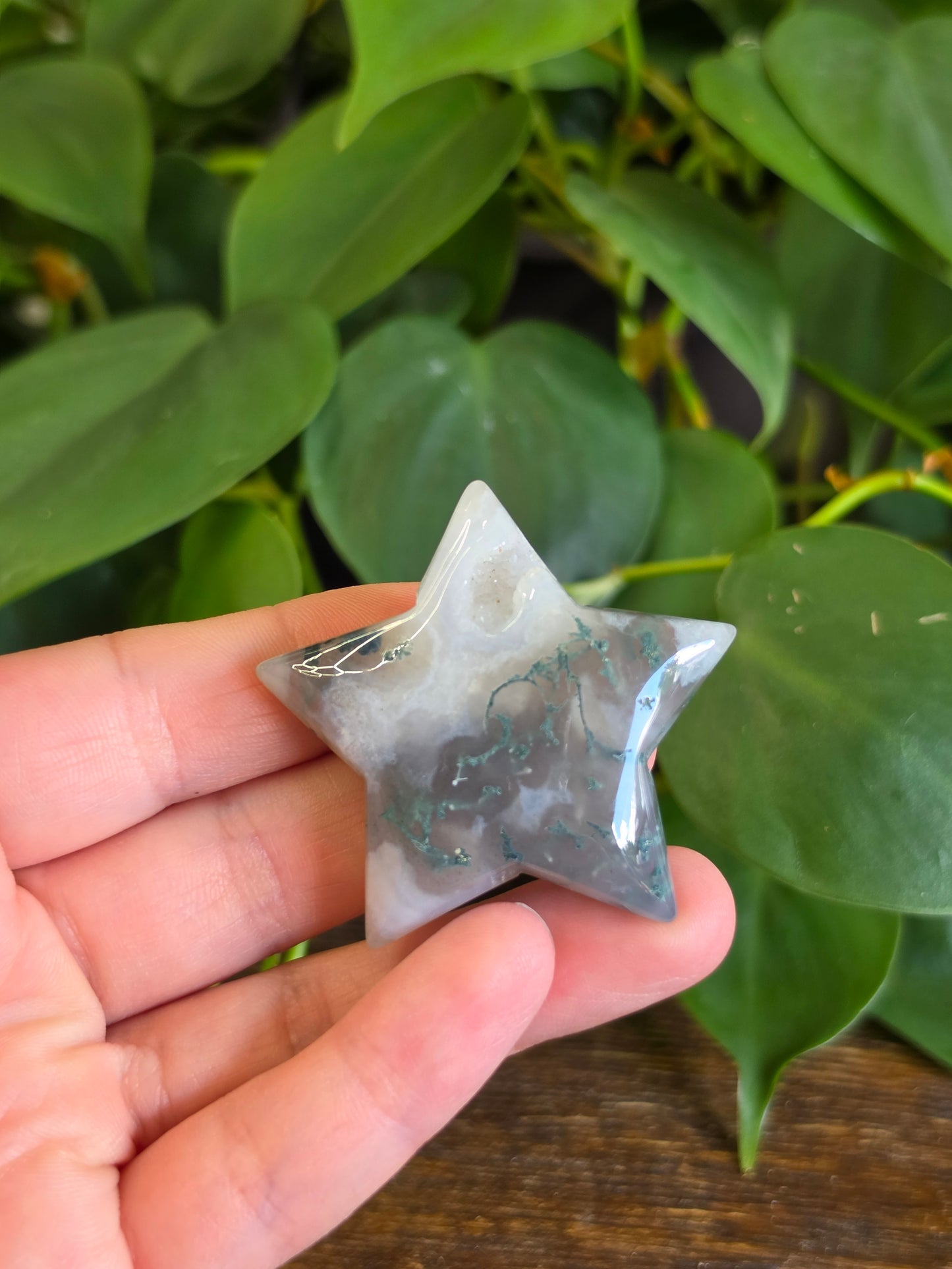 Moss Agate Crystal Star Carving