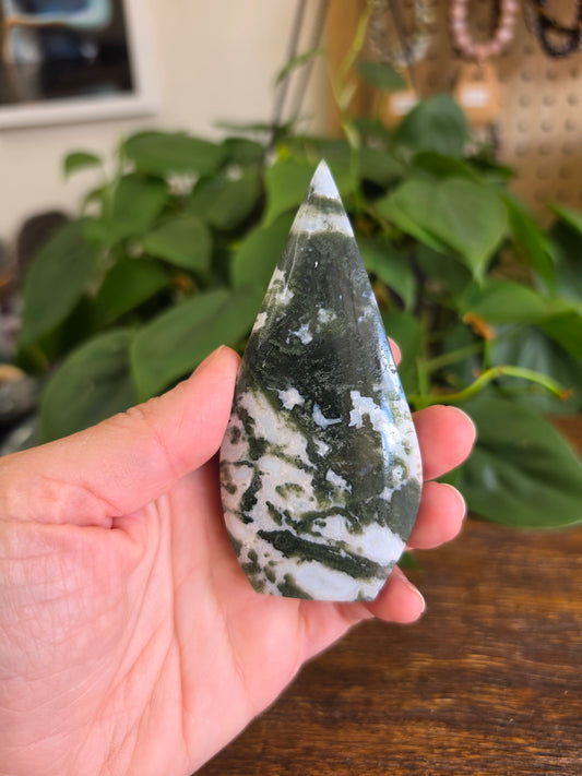Moss Agate Crystal Flipper Carving (CROOKED)