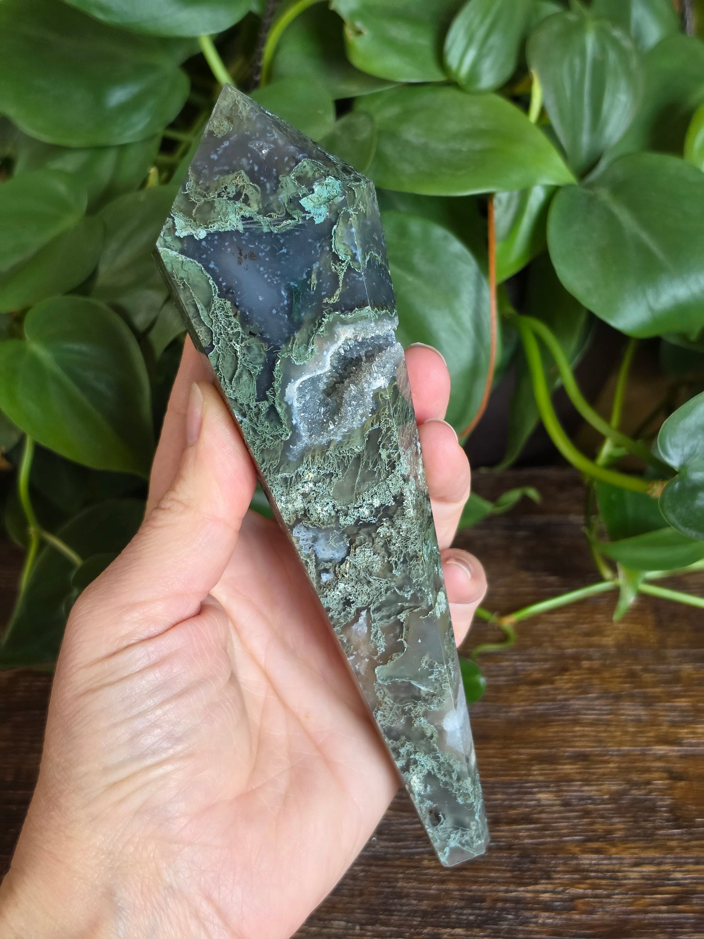Moss Agate Crystal Druzy Wand Carving "A"
