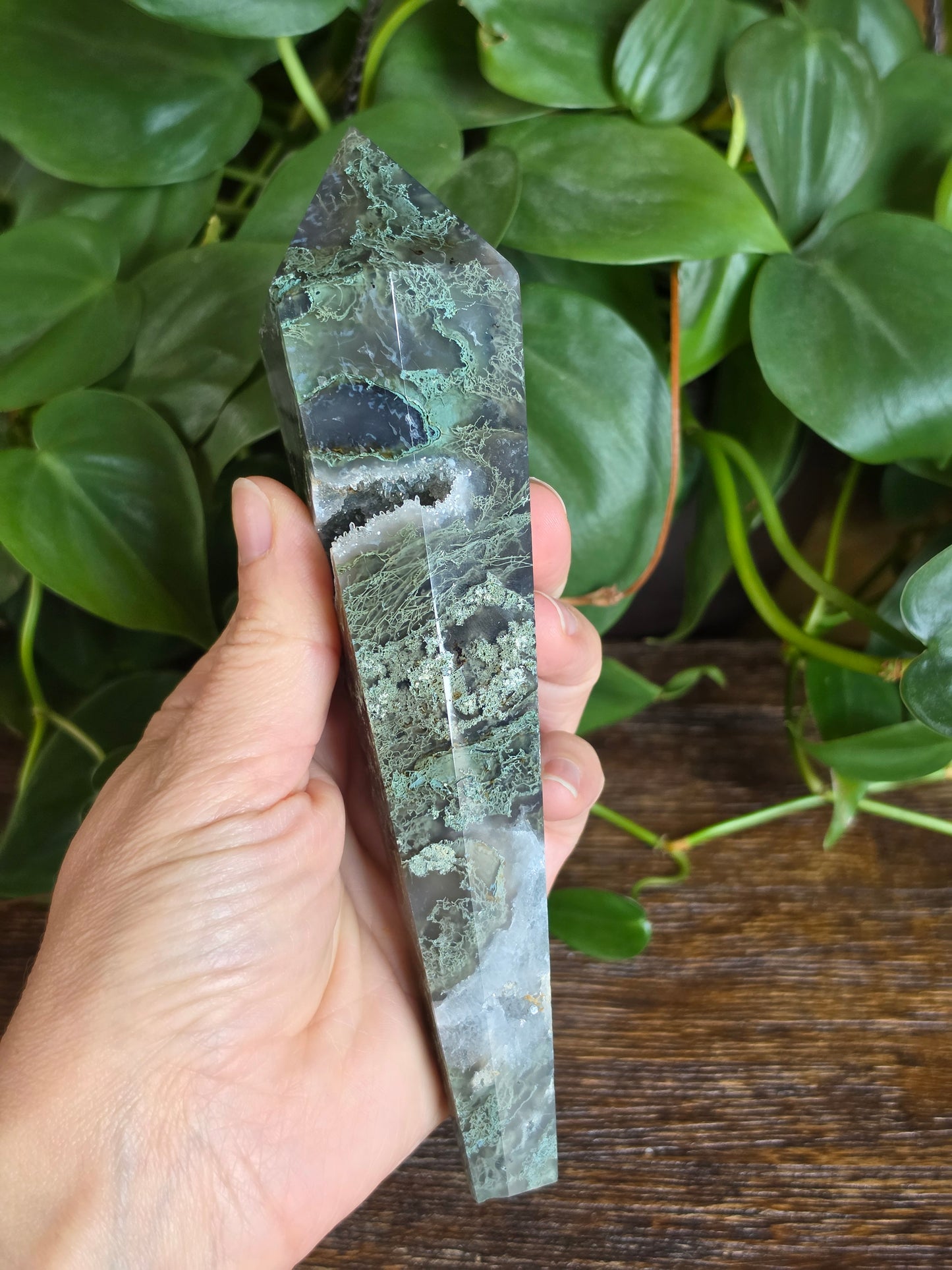Moss Agate Crystal Druzy Wand Carving "A"