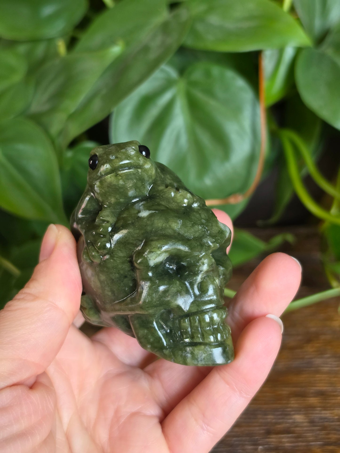 Serpentine Crystal Skull and Frog Carving