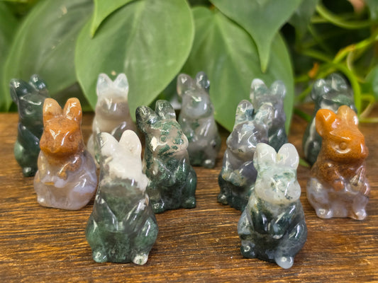 Moss Agate Crystal Bunny Carving