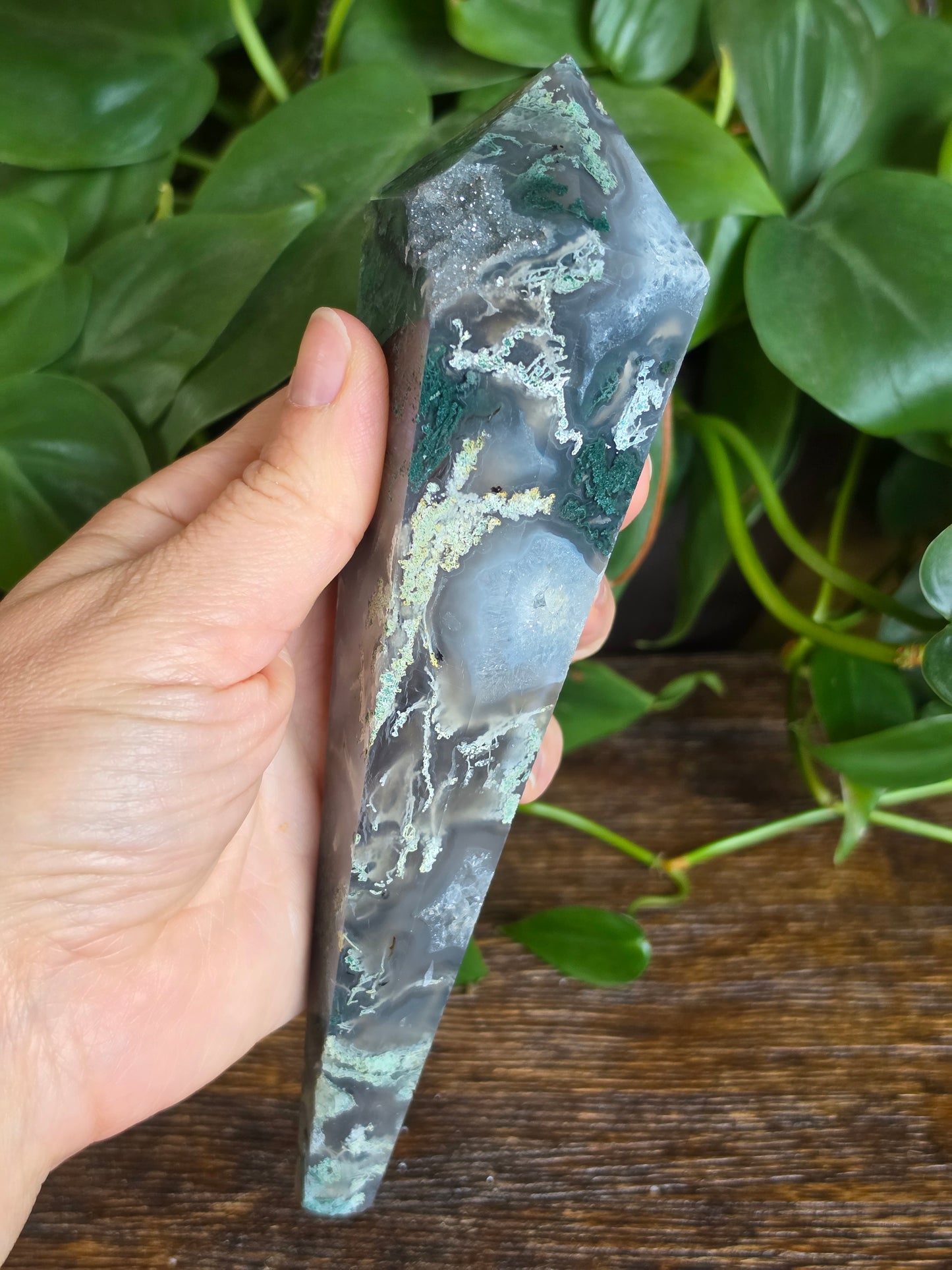 Moss Agate Crystal Druzy Wand Carving "B"
