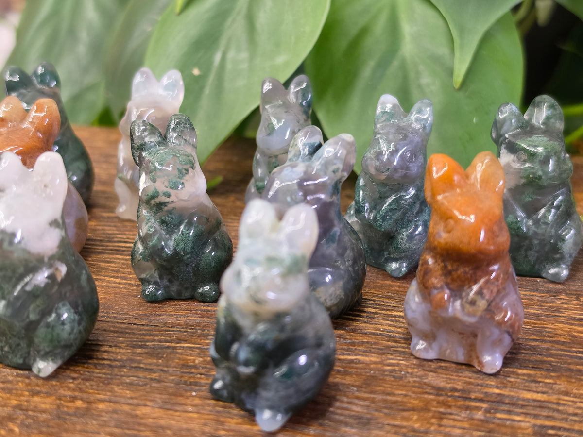 Moss Agate Crystal Bunny Carving