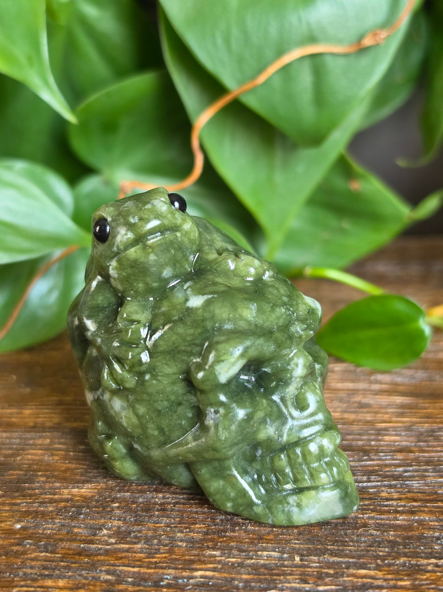 Serpentine Crystal Skull and Frog Carving