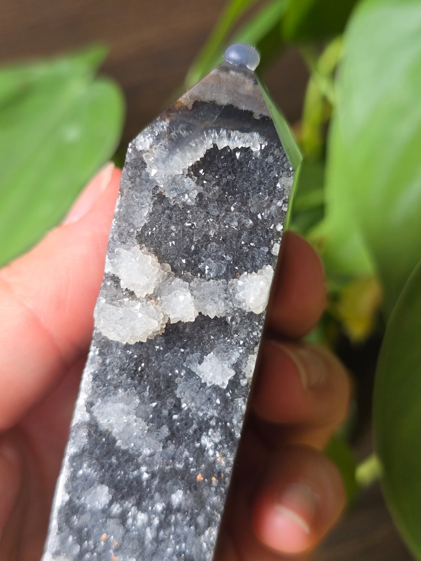 Banded Chalcedony with Druzy Quartz Tower