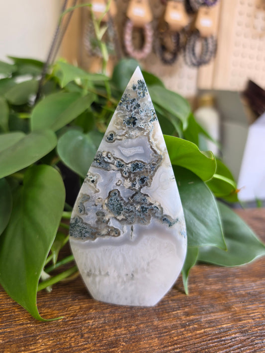 Moss Agate Crystal Flipper Carving (CROOKED)
